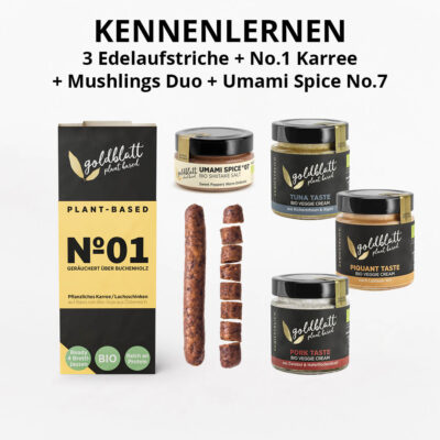 Kennenlernpaket Goldblatt. 3 Edelaufstriche + No.1 Karree + Mushlingsduo + Umami Spice No.7