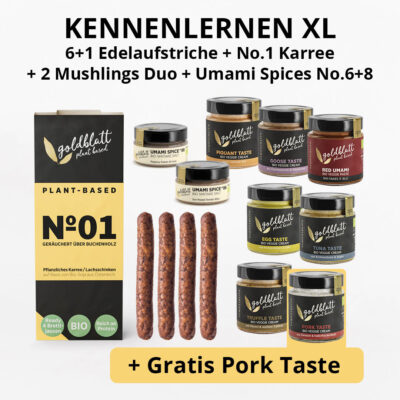 Kennenlernpaket XL Goldblatt. 3 Edelaufstriche + No.1 Karree + Mushlingsduo + Umami Spice No.7